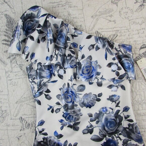 New ELIZA J Metallic One Shoulder Floral Print Ruffle Pencil Dress White Blue 2 - Picture 6 of 11
